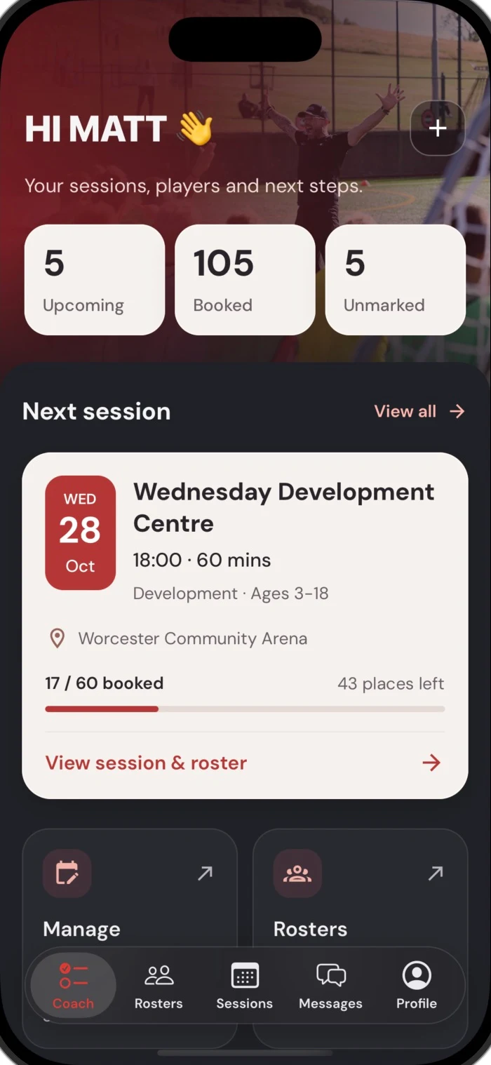 Matt Tally app: Coach home with upcoming sessions and bookings