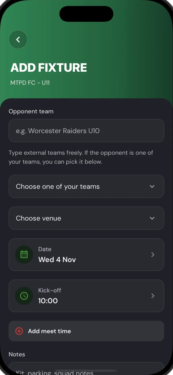 Create a fixture with venue, date and kick-off time